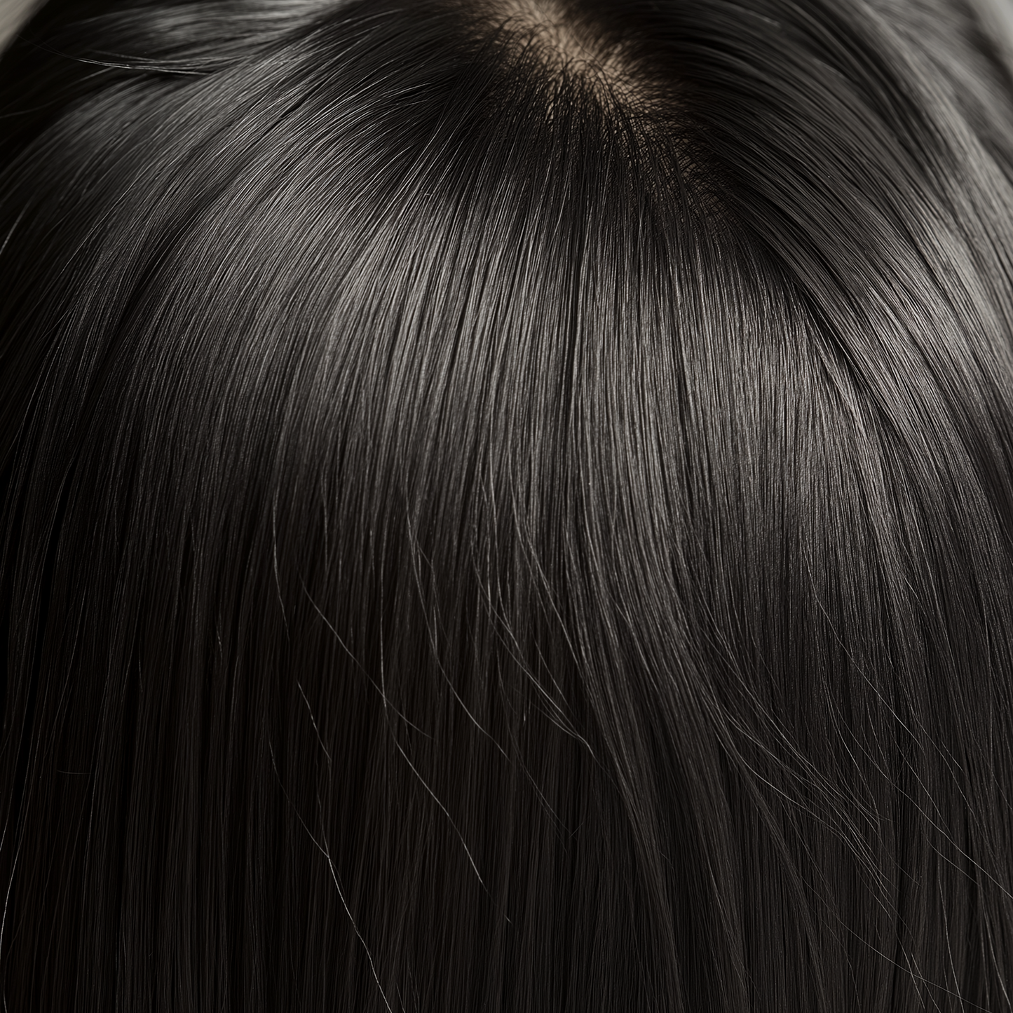 Side angle of sleek black wig with tangle-free, shed-free finish