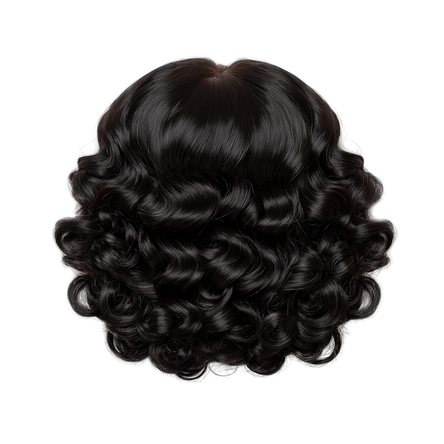 Floating short curly wig with tight black curls and HD lace, Remy human hair by Zipporah
Back view of voluminous black curly wig on white background, 6 inch length
