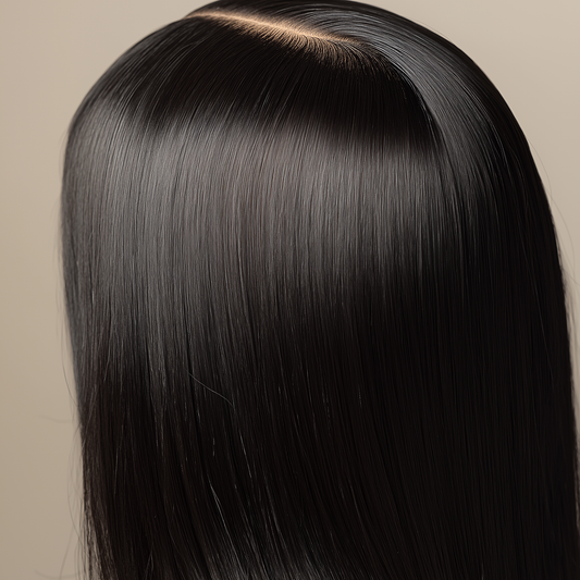 Close-up of straight 1B human hair wig, premium 10A-grade with lace parting