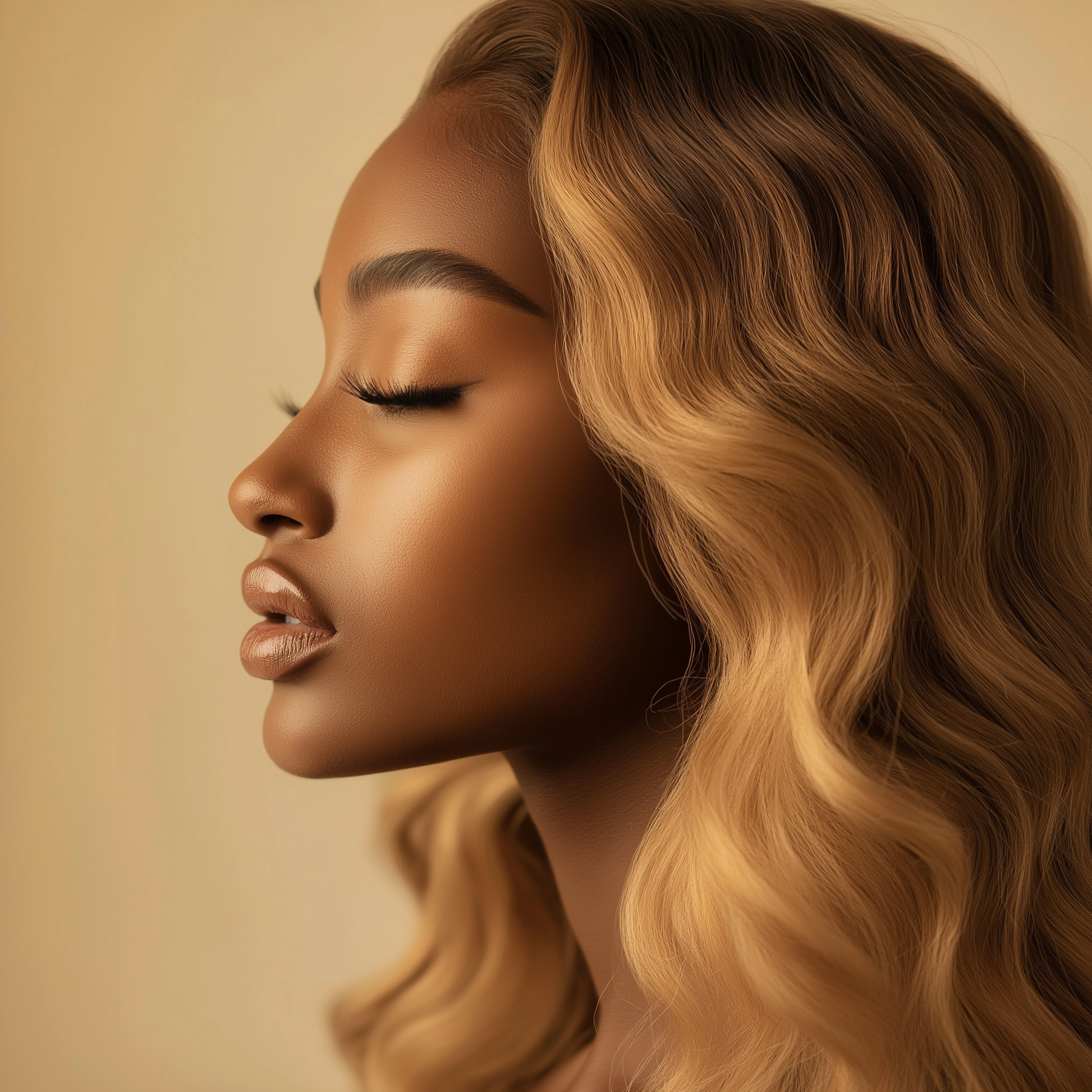 Side view of warm blonde wig with sun-kissed highlights, body wave texture