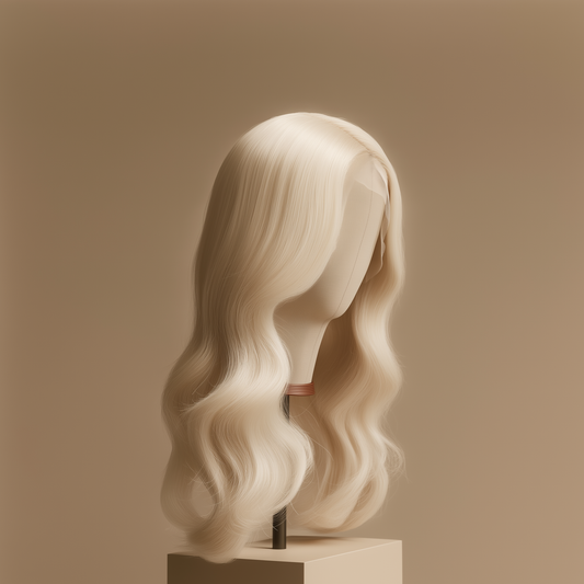 Side angle of sleek straight platinum human hair wig, Hollywood glam style