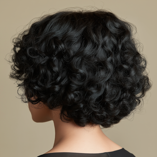 Side angle of defined jet black curls on luxury HD lace wig