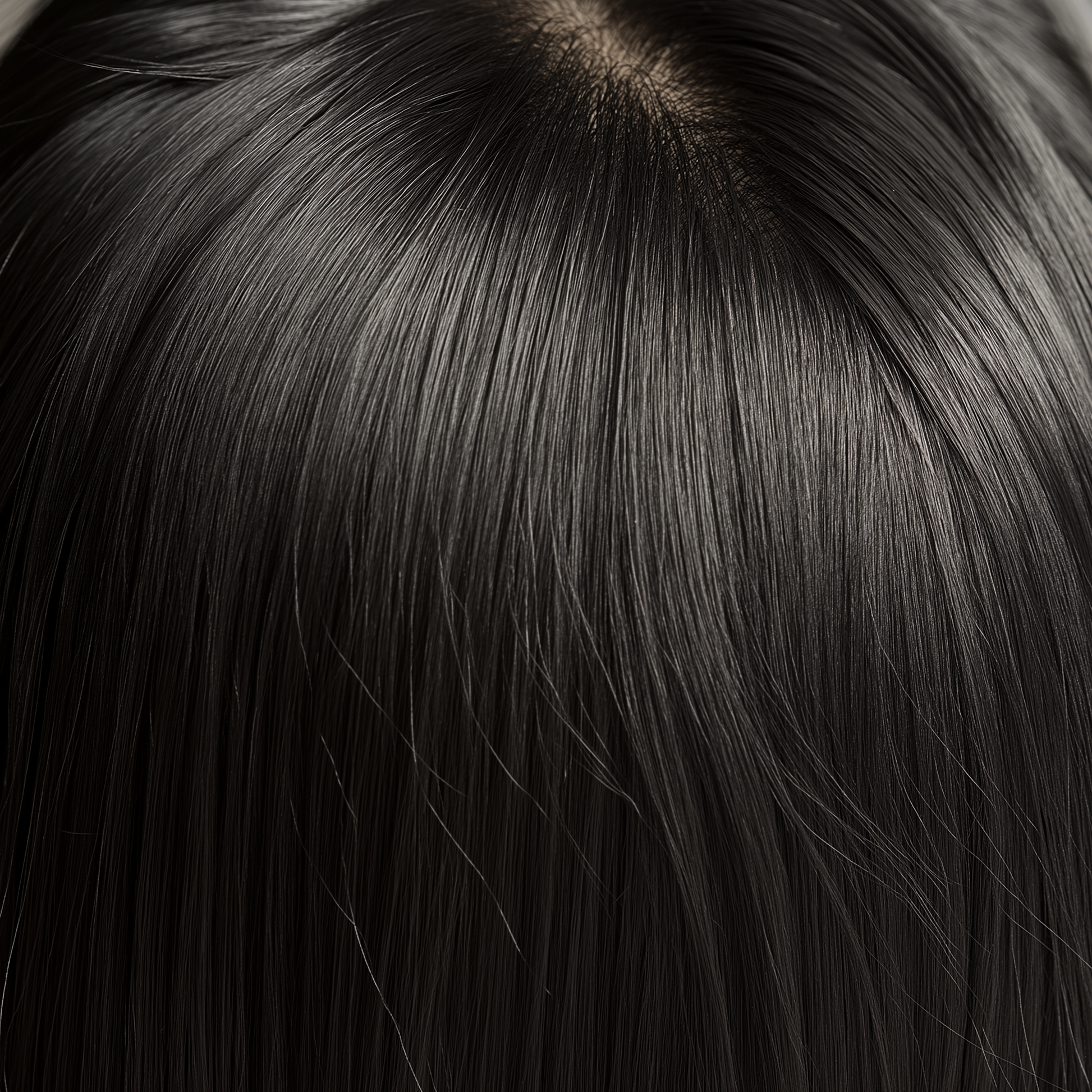 Side angle of sleek black wig with tangle-free, shed-free finish