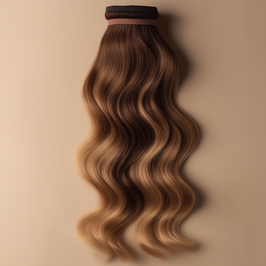 View of honey blonde body wave bundles used to make the wig, natural shine and bounce