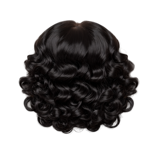 Floating short curly wig with tight black curls and HD lace, Remy human hair by Zipporah

Back view of voluminous black curly wig on white background, 6 inch length